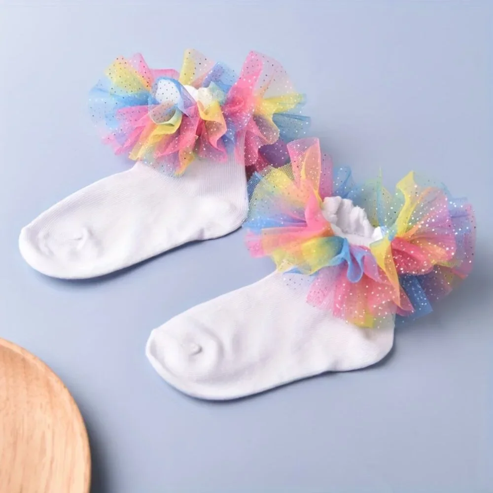 2/$12 Girls Rainbow Tulle Ruffle Socks | White Sparkle Ankle Socks